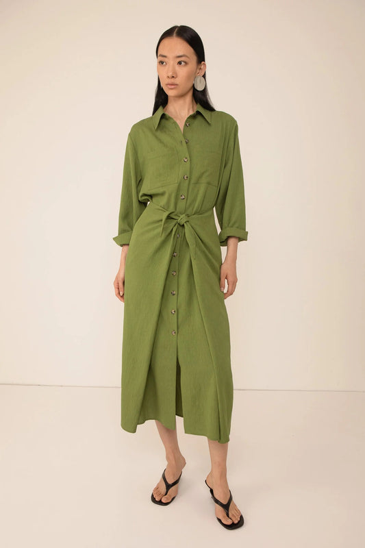 Green Line Tie Front Shirt Dress