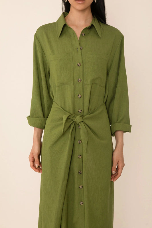 Green Line Tie Front Shirt Dress