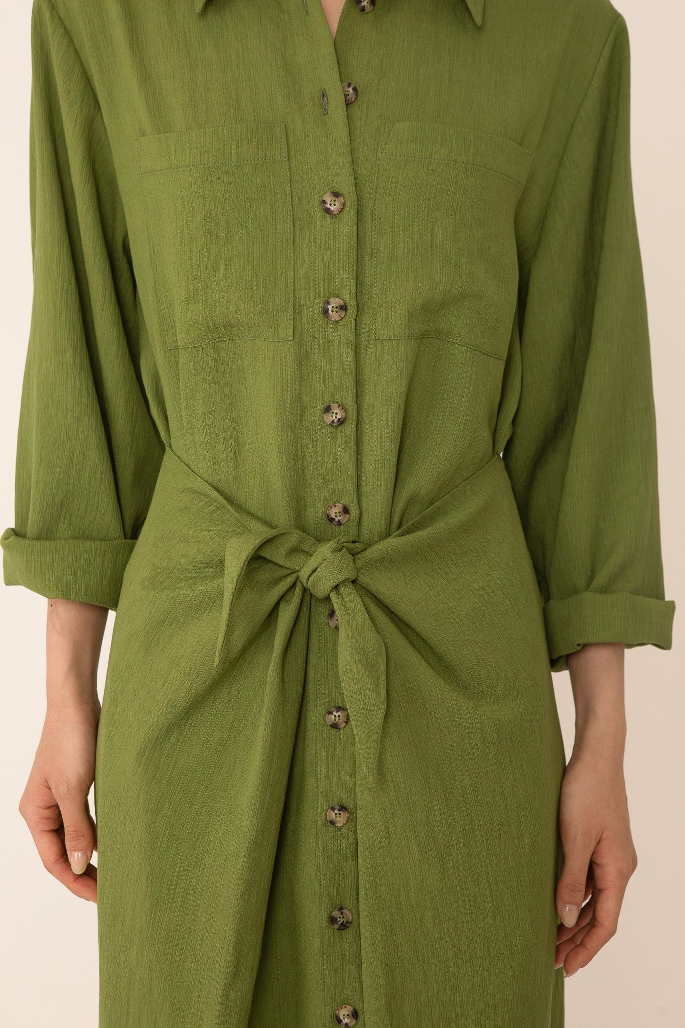 Green Line Tie Front Shirt Dress